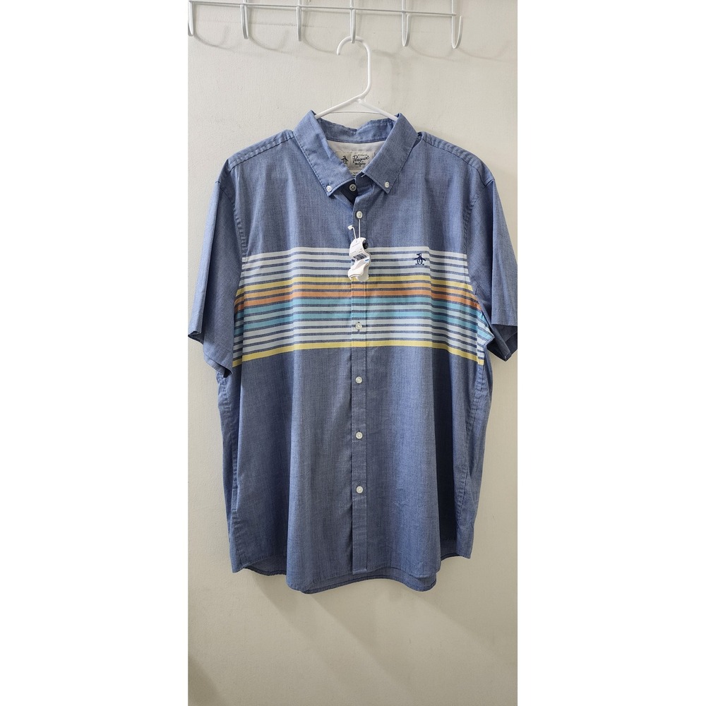 Original Penguin Mens XL Limoges Blue Striped Short Sleeve Button Down Shirt